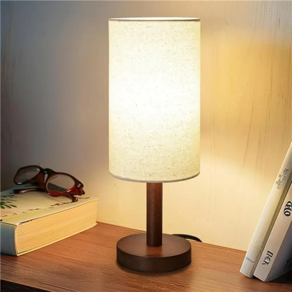 Small table lamp wood base linen shade LED nightstand light for bedroom desk